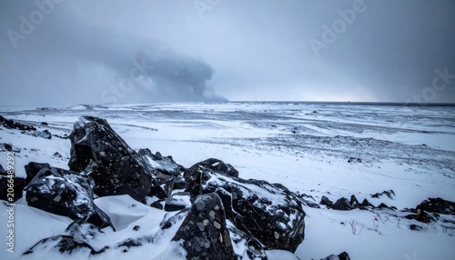 Snowy rocky coastline with dark clouds.