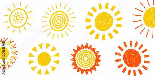 Collection Of Hand drawn Sun Illustrations On White Background