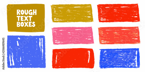 Rough crayon text boxes in assorted colors on a white background