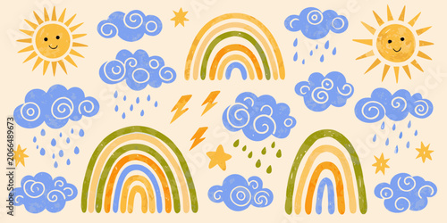 Weather illustrations set hand drawn style with suns clouds and rainbows
