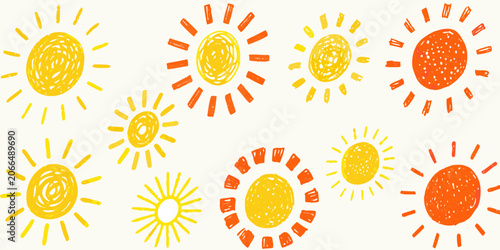 Hand drawn Sun Collection With Rays Textured Vector Illustration