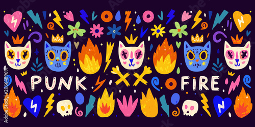 Punk And Fire Doodle Illustration With Crowns Skulls And Lightning Bolts