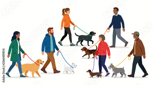 Diverse group of people walking dogs on leashes in outdoor park.