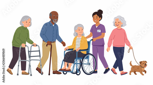 Diverse group of senior citizens walking with assistance and a caregiver nurse