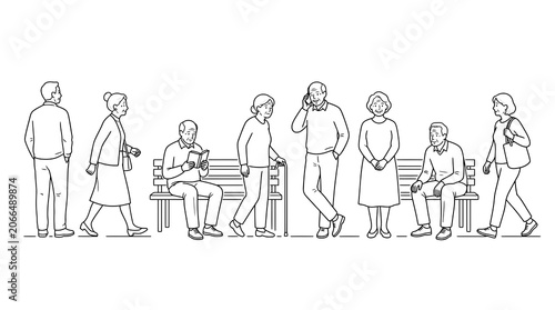 Diverse group of senior people standing and sitting in line art style.