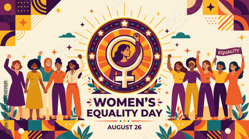 Diverse group of women standing together celebrating Women's Equality Day with floral patterns.