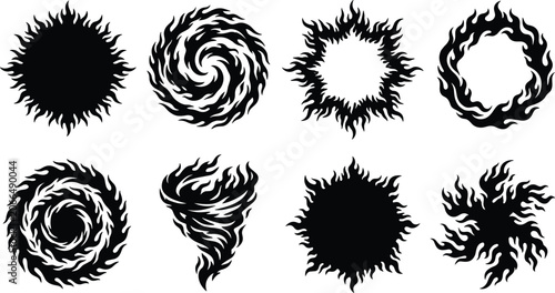 Fotografie Abstract Fire Flame Ring and Vortex Silhouette Elements Vector Set