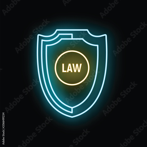 Foto Neon blue shield protecting yellow glowing law text on a dark background
