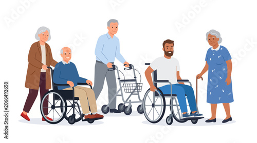 Diverse senior citizens and people using mobility aids together in illustration.