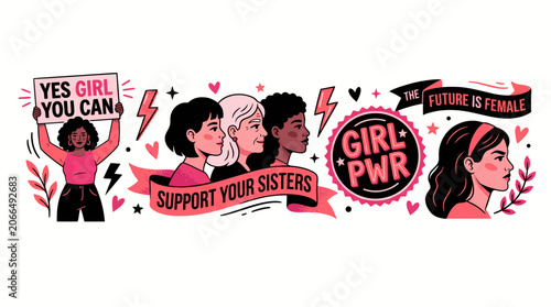 Diverse women empowerment illustration with motivational quotes and feminist slogans.