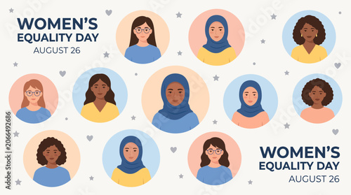 Diverse women portraits celebrate Women's Equality Day on August 26 in a flat design.