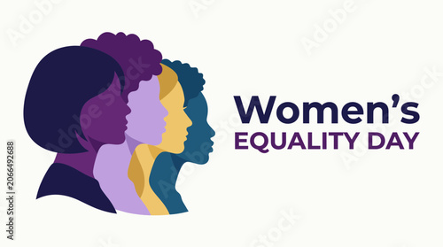 Diverse women silhouettes profile view with Women's Equality Day text on white background.