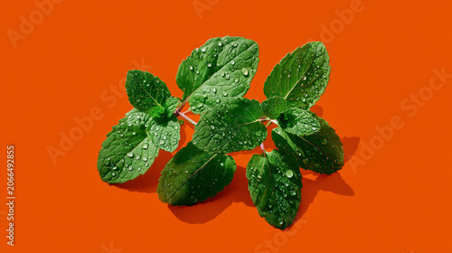 Fresh green mint leaves with water droplets on solid bright orange background