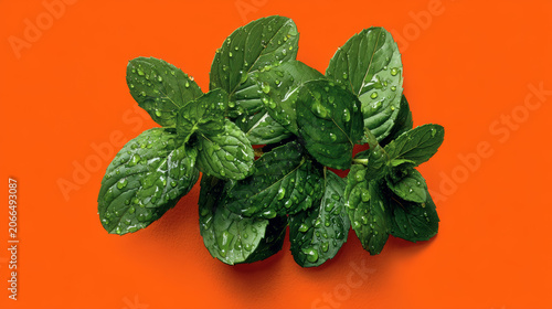 Fresh green mint leaves with water droplets on solid bright orange background