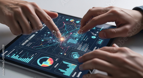 Hands Interacting with Machine Learning Data Visualization on Digital Tablet Screen