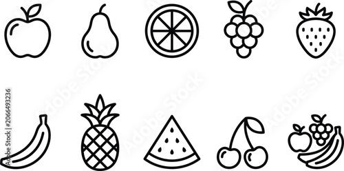 Billede på lærred Assorted fresh fruits in clean line art icons against a white backdrop represent