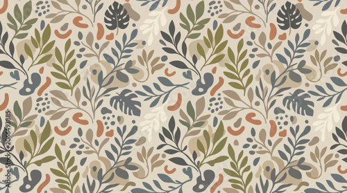 Cuadro en lienzo Flat vector seamless pattern, minimalist leaves, branches and organic shapes, ne