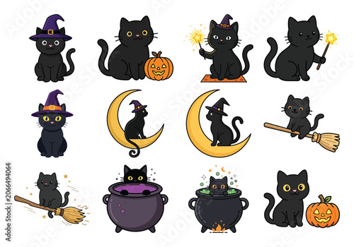 Set of cute black cats for halloween isolated on white background
