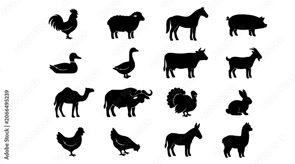 Obraz premium Animal Silhouette Icons Set with 16 Black Farm and Woodland Creatures for Flexible Illustration and Design Use