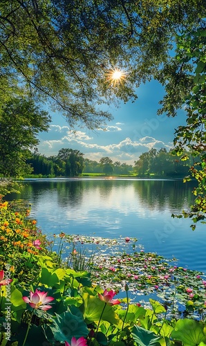 Sun shining through tree branches over a calm lake with pink lotus flowers and green lily pads in the foreground