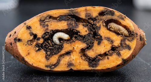 Cross section of damaged sweet potato revealing destructive cylas larva and pupa