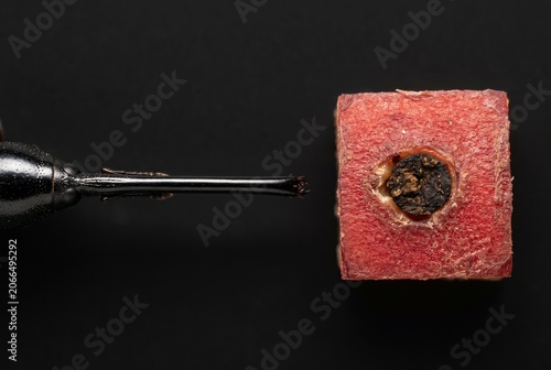 Physical comparison of Cylas formicarius needle rostrum and tuber oviposition site with fecal plug