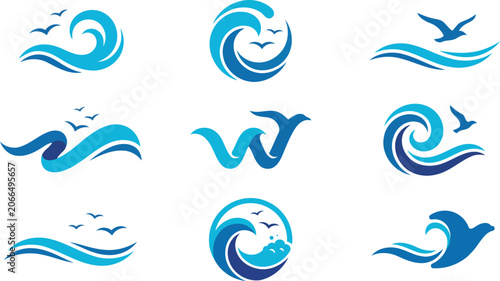  Icon set of ocean waves and seagulls