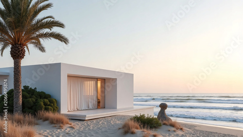 Minimalist white beach house, palm tree, sandy shore, soft sunset ocean waves