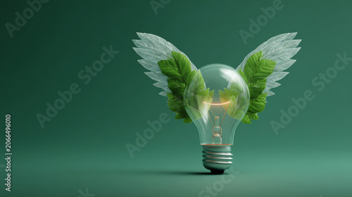 Classic lightbulb with green leaf wings on forest green background eco innovation concept