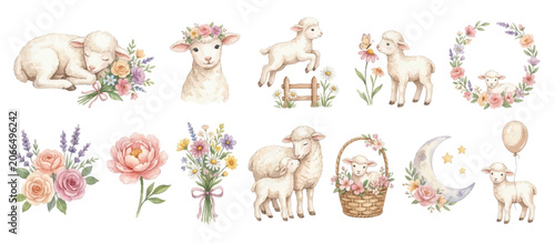 Cuadro en lienzo Watercolor sleeping lamb nursery collection with floral accents and dreamy bedtime theme