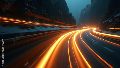 Winding mountain canyon highway with glowing orange light trails at dusk