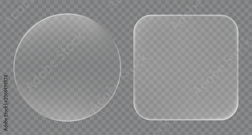 transparent glass or acrylic plate shapes featuring a round circle frame and a rounded square frame on a checkered background, perfect for UI design, badges, and product mockup overlays.