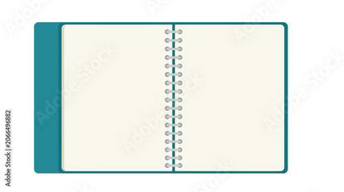 Open Blank Notebook with Teal Cover and Spiral Binding, Isolated on White Background