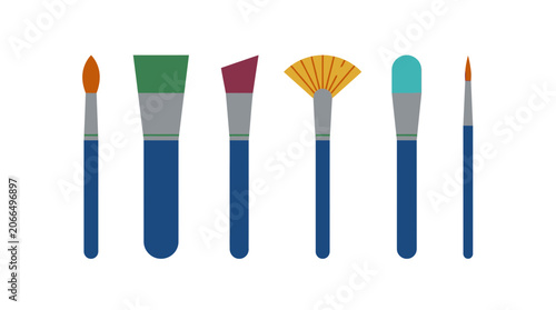 Set of assorted paint brushes, flat lay, art and craft supplies, colorful tools