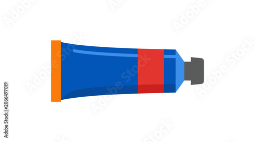 Blue paint tube with red label, orange cap, gray nozzle, isolated on white