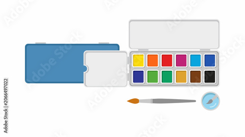 Watercolor paint set with brush and water cup, art supplies, creative tools