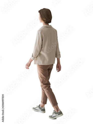 Full length portrait of a young woman walking isolated transparent PNG, student girl full body photo PNG with transparent background precisely cut out with clipping path.