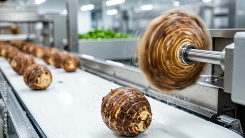 Fresh taro roots moving on a conveyor belt in a modern food processing factory