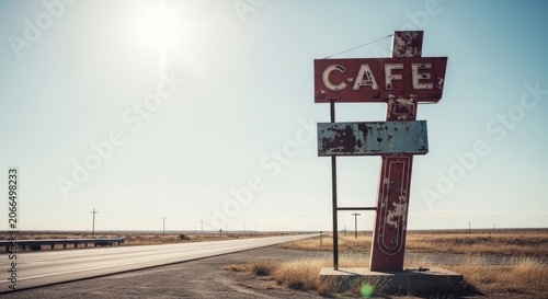 Abandoned roadside cafe sign on a desolate highway.