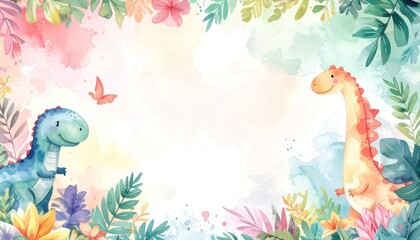 A watercolor illustration features two friendly cartoon dinosaurs surrounded by lush foliage and soft pastel colors, with a small butterfly in the center.