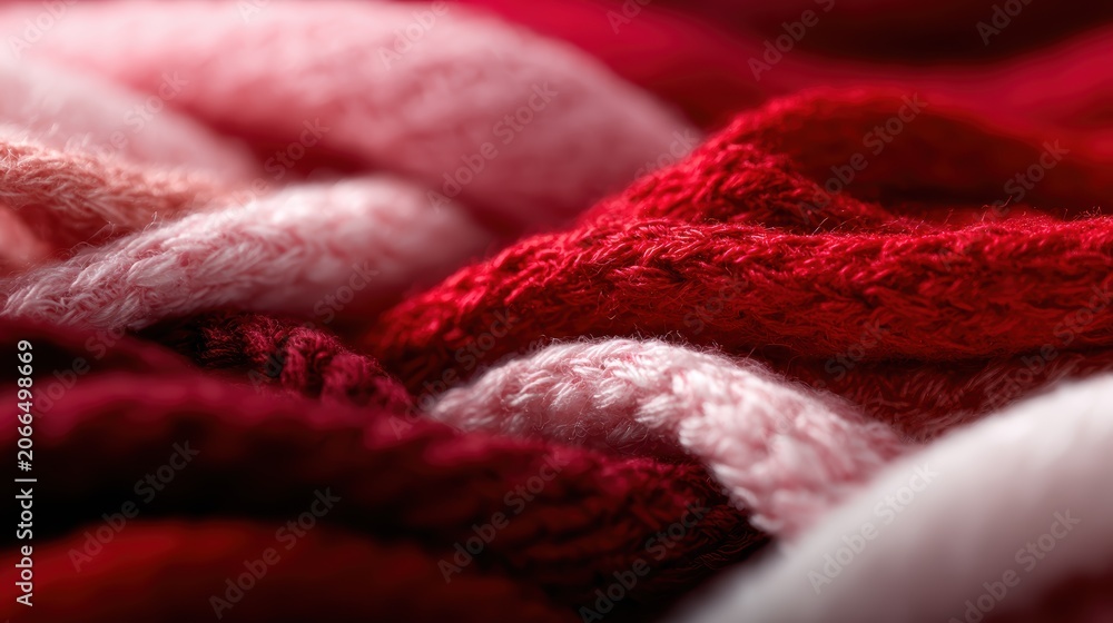 Fototapeta premium The image features a close-up of soft, woven fabric in shades of red and pink, highlighting beautiful textures that evoke feelings of warmth, comfort, and creativity.