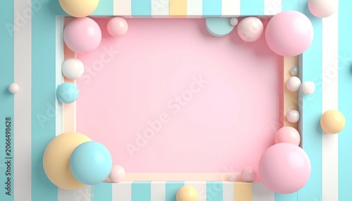 A playful and dreamy digital illustration featuring pastel-colored spheres and a striped background.