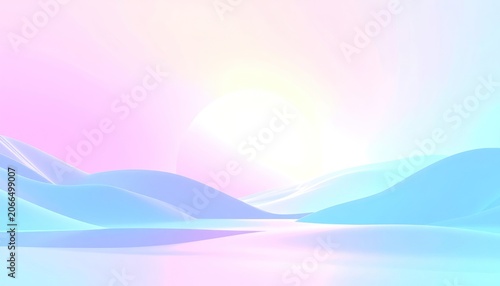 A soft, pastel landscape featuring rolling hills under a bright, diffused sun.