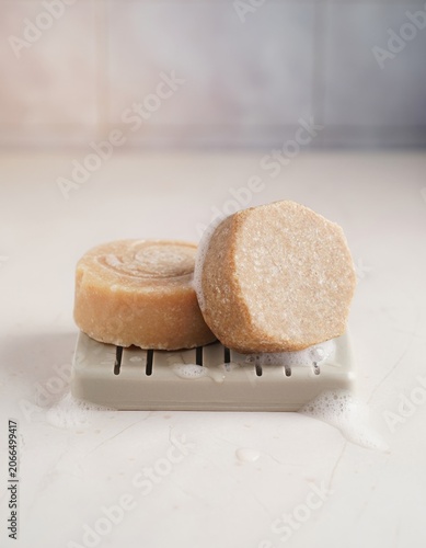 Natural shampoo bars with soap dish and foam