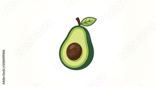 A minimalist and cute vector illustration of a halved fresh green avocado with a brown seed, stem, and a small leaf