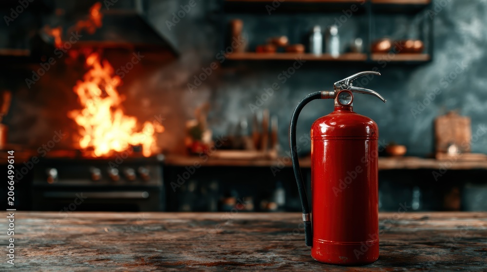 Obraz premium A red fire extinguisher prominently placed before a kitchen fire, emphasizing safety measures needed in a cooking environment to prevent accidents and fires.