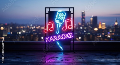 Neon Karaoke Sign Illuminates Cityscape at Night.