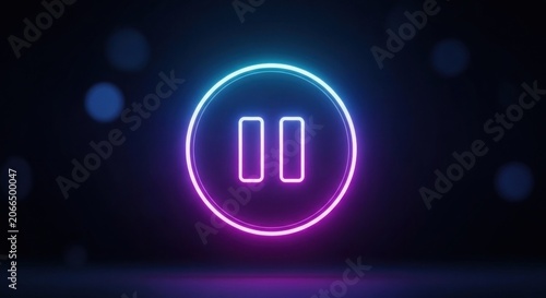 Neon Pause Button Icon Glowing on Dark Background.