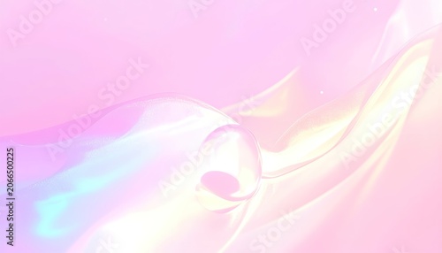A soft pink and iridescent abstract background with flowing waves and a translucent sphere.
