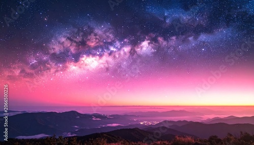 A breathtaking view of the Milky Way galaxy above a mountain range during twilight, with vibrant pink and purple hues dominating the sky.